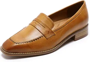 Mona flying Women's Top Leather Square Toe Penny Loafer Dress Casual Slip on Flat Office Work Shoes for Ladies