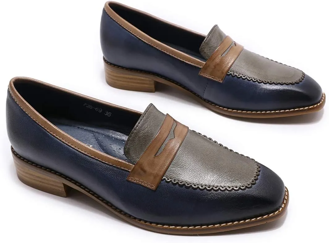 Mona flying Women's Top Leather Square Toe Penny Loafer Dress Casual Slip on Flat Office Work Shoes for Ladies