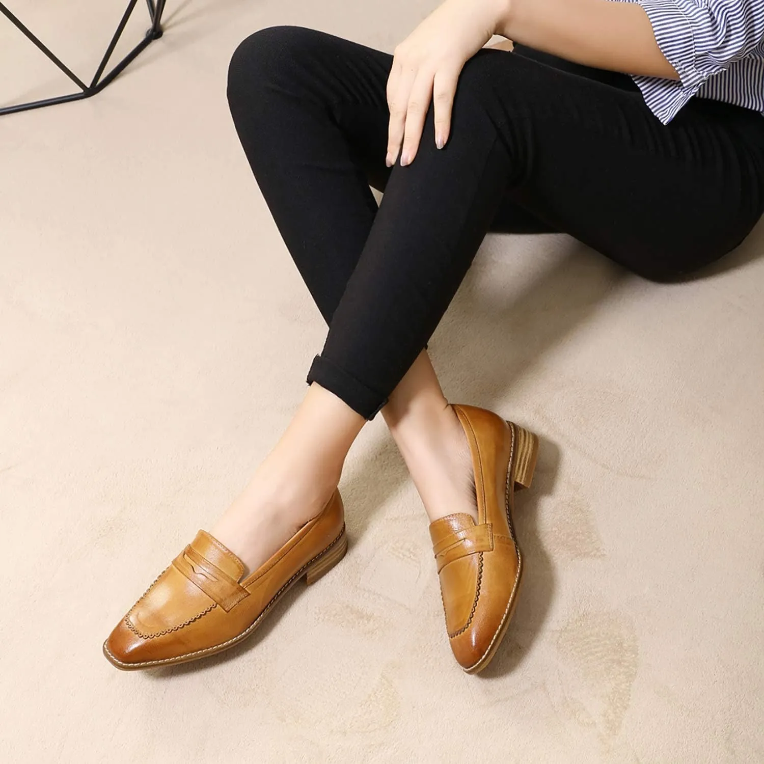 Mona flying Women's Top Leather Square Toe Penny Loafer Dress Casual Slip on Flat Office Work Shoes for Ladies