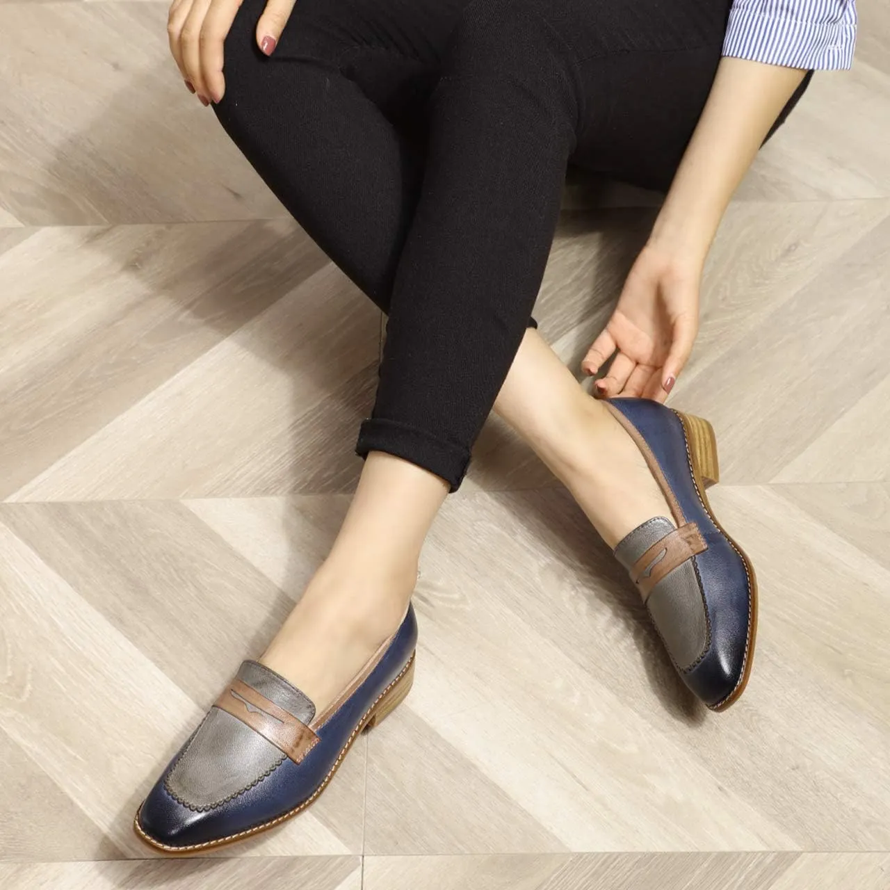 Mona flying Women's Top Leather Square Toe Penny Loafer Dress Casual Slip on Flat Office Work Shoes for Ladies