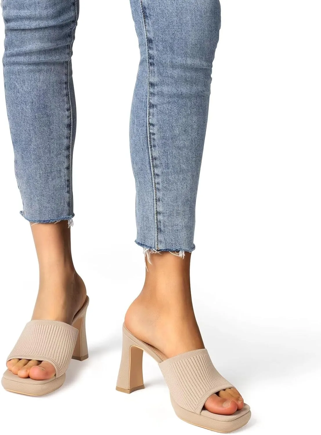 MUSSHOE High Platform Sandals for Women Square Toe Chunky Heel Block Heeled Sandals Slip On Open Toe Comfortable Sandals