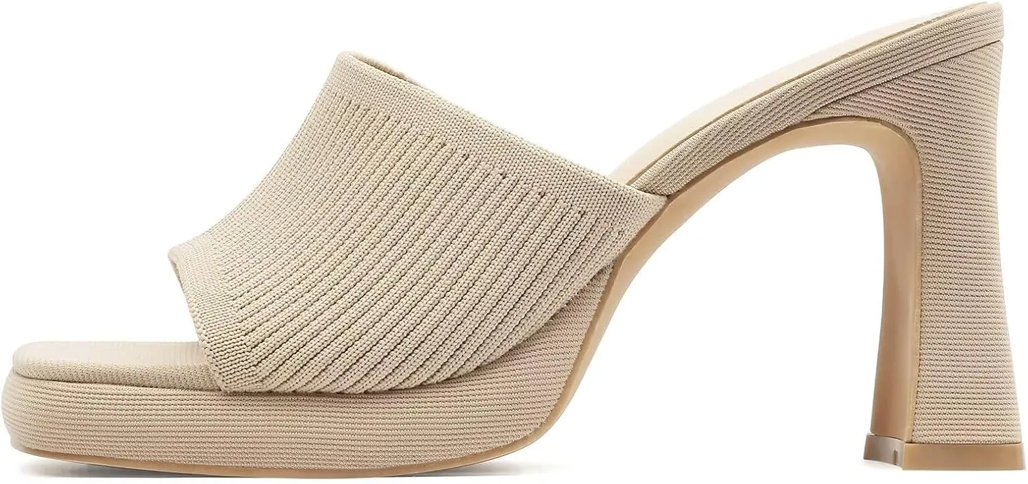 MUSSHOE High Platform Sandals for Women Square Toe Chunky Heel Block Heeled Sandals Slip On Open Toe Comfortable Sandals