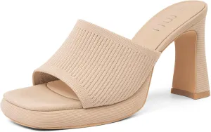 MUSSHOE High Platform Sandals for Women Square Toe Chunky Heel Block Heeled Sandals Slip On Open Toe Comfortable Sandals