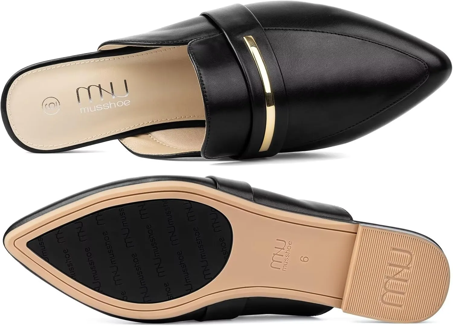 MUSSHOE Mules for Woman Pointed Toe Women's Bukle Mule Flat Slip-on Womens Mules Shoes Casual Fashion Party Work