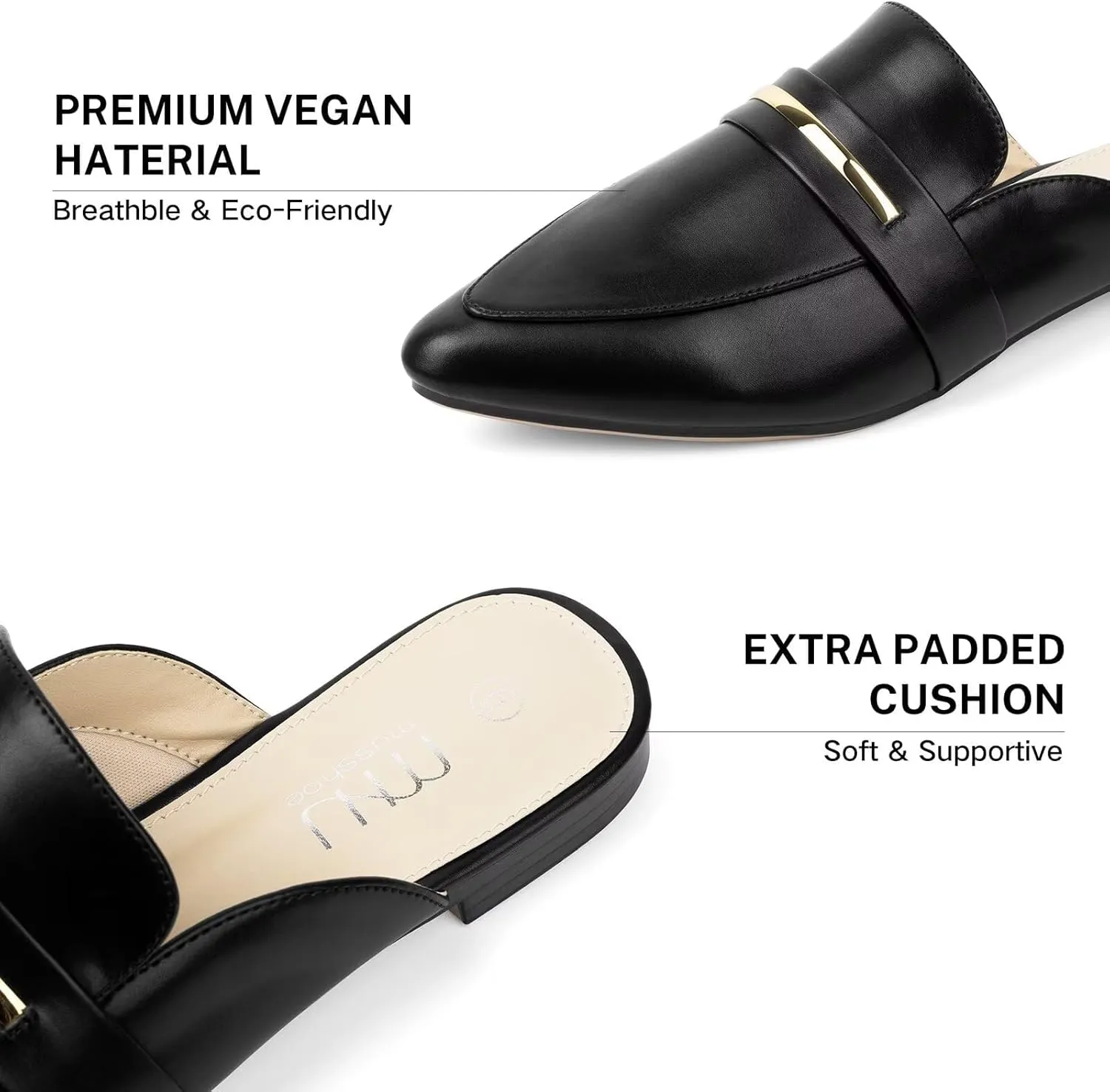 MUSSHOE Mules for Woman Pointed Toe Women's Bukle Mule Flat Slip-on Womens Mules Shoes Casual Fashion Party Work