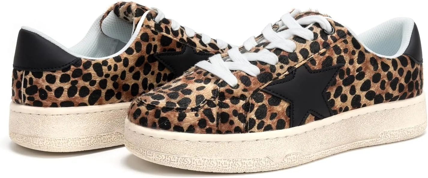 Niluber Star Sneakers for Women Low Top Comfortable Cushioned White Gold Sliver Leopard Platform Sneakers Lace Up Red Glitter Platform Party Shoes