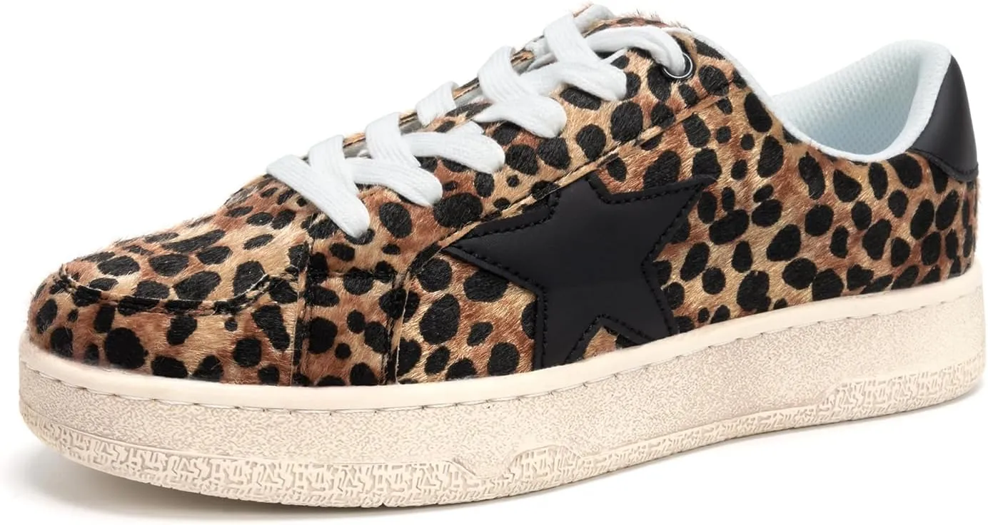 Niluber Star Sneakers for Women Low Top Comfortable Cushioned White Gold Sliver Leopard Platform Sneakers Lace Up Red Glitter Platform Party Shoes