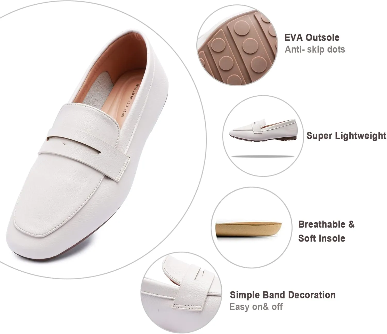 Odema Must-Have Women's Loafer Flat Square Toe Plain Penny Loafers Comfort Slip on Shoes