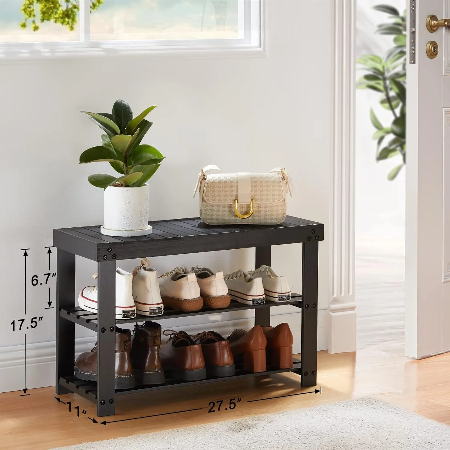 Pipishell Bamboo Shoe Rack Bench, 3 Tier Sturdy Shoe Organizer, Storage Shoe Shelf, Holds up to 300lbs for Entryway Bedroom Living Room Balcony, Black