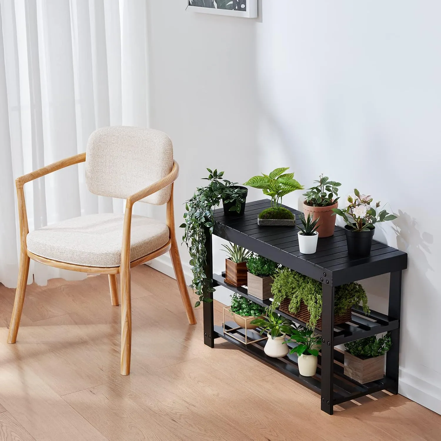 Pipishell Bamboo Shoe Rack Bench, 3 Tier Sturdy Shoe Organizer, Storage Shoe Shelf, Holds up to 300lbs for Entryway Bedroom Living Room Balcony, Black