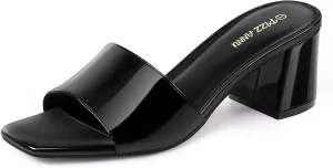 PIZZ ANNU Women's Square Open Toe Heels Sandals Low Block Chunky Heeled Sandal Slip on Mules Comfortable Casual Dress Pumps Shoes