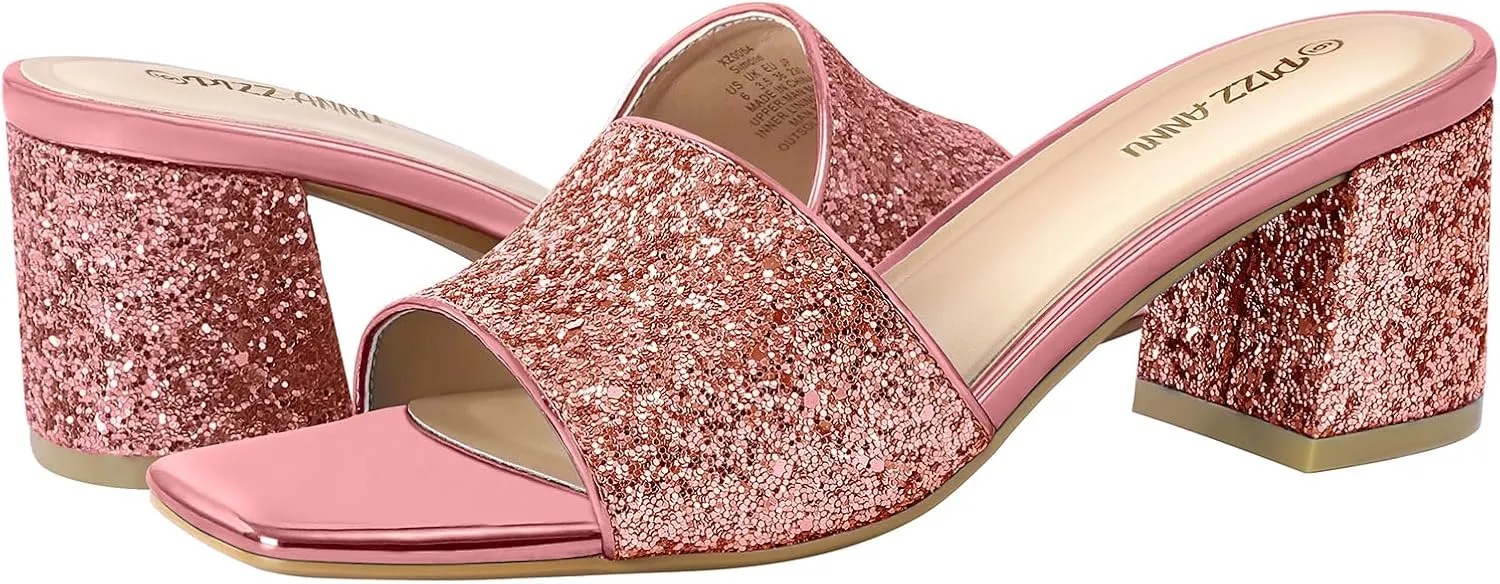 PIZZ ANNU Women's Square Open Toe Heels Sandals Low Block Chunky Heeled Sandal Slip on Mules Comfortable Casual Dress Pumps Shoes