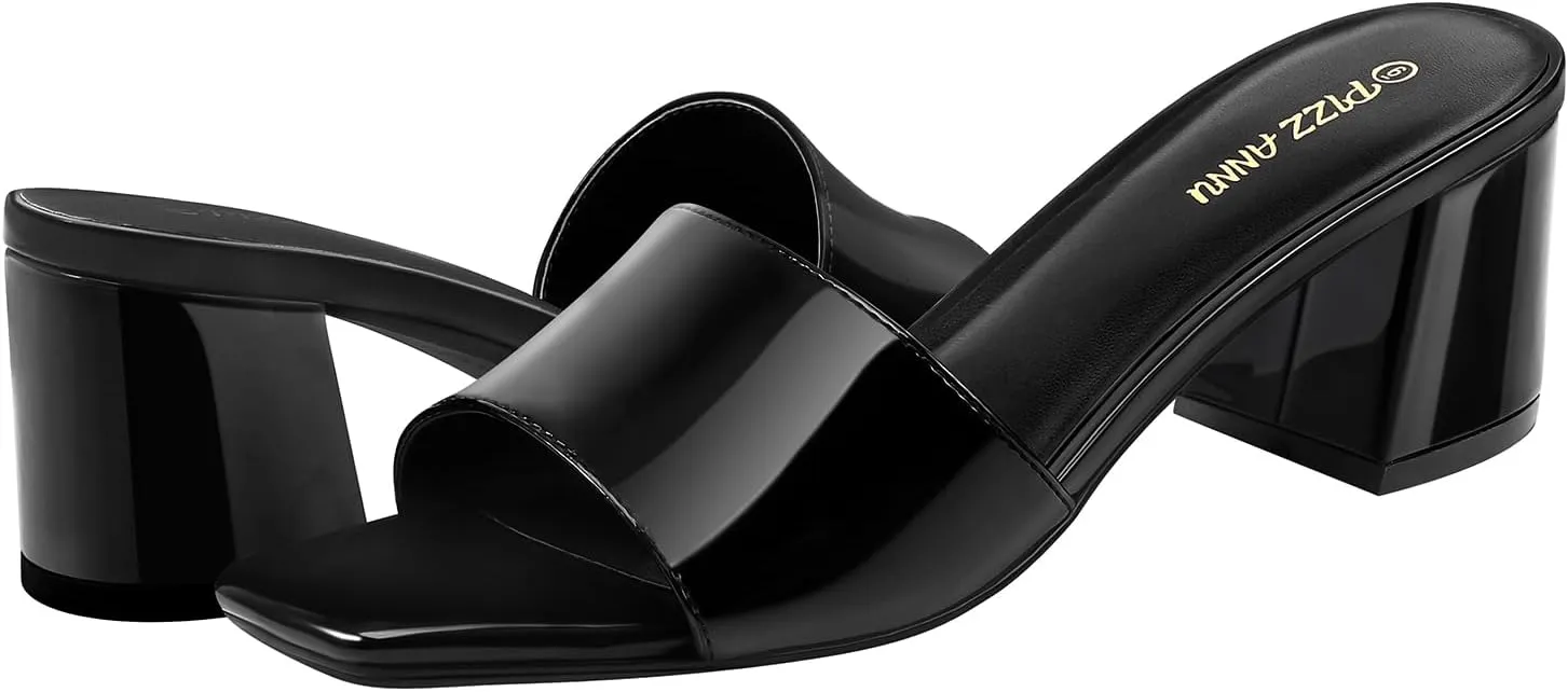 PIZZ ANNU Women's Square Open Toe Heels Sandals Low Block Chunky Heeled Sandal Slip on Mules Comfortable Casual Dress Pumps Shoes