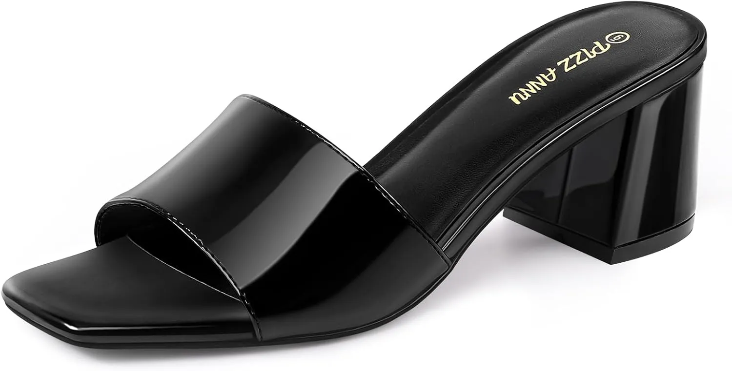 PIZZ ANNU Women's Square Open Toe Heels Sandals Low Block Chunky Heeled Sandal Slip on Mules Comfortable Casual Dress Pumps Shoes