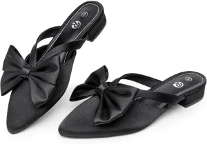 Rekayla Mules for Women Closed Pointed Toe Flats Slip On Women's Mules with Bow Knot Comfortable Backless Loafers Low Heels Casual Work Party Dress Shoes