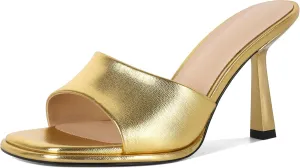 SAMMITOP Women's High Stiletto Heels Sandals Square Open Toe One Band Slip On Mules Slide Comfort Party Dating Daily Vacation Shoes 3.5 Inch