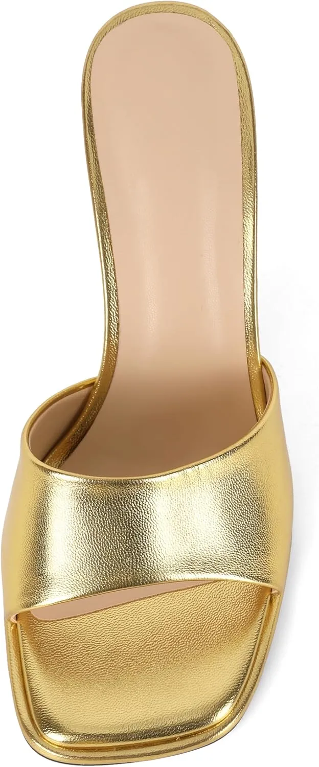 SAMMITOP Women's High Stiletto Heels Sandals Square Open Toe One Band Slip On Mules Slide Comfort Party Dating Daily Vacation Shoes 3.5 Inch