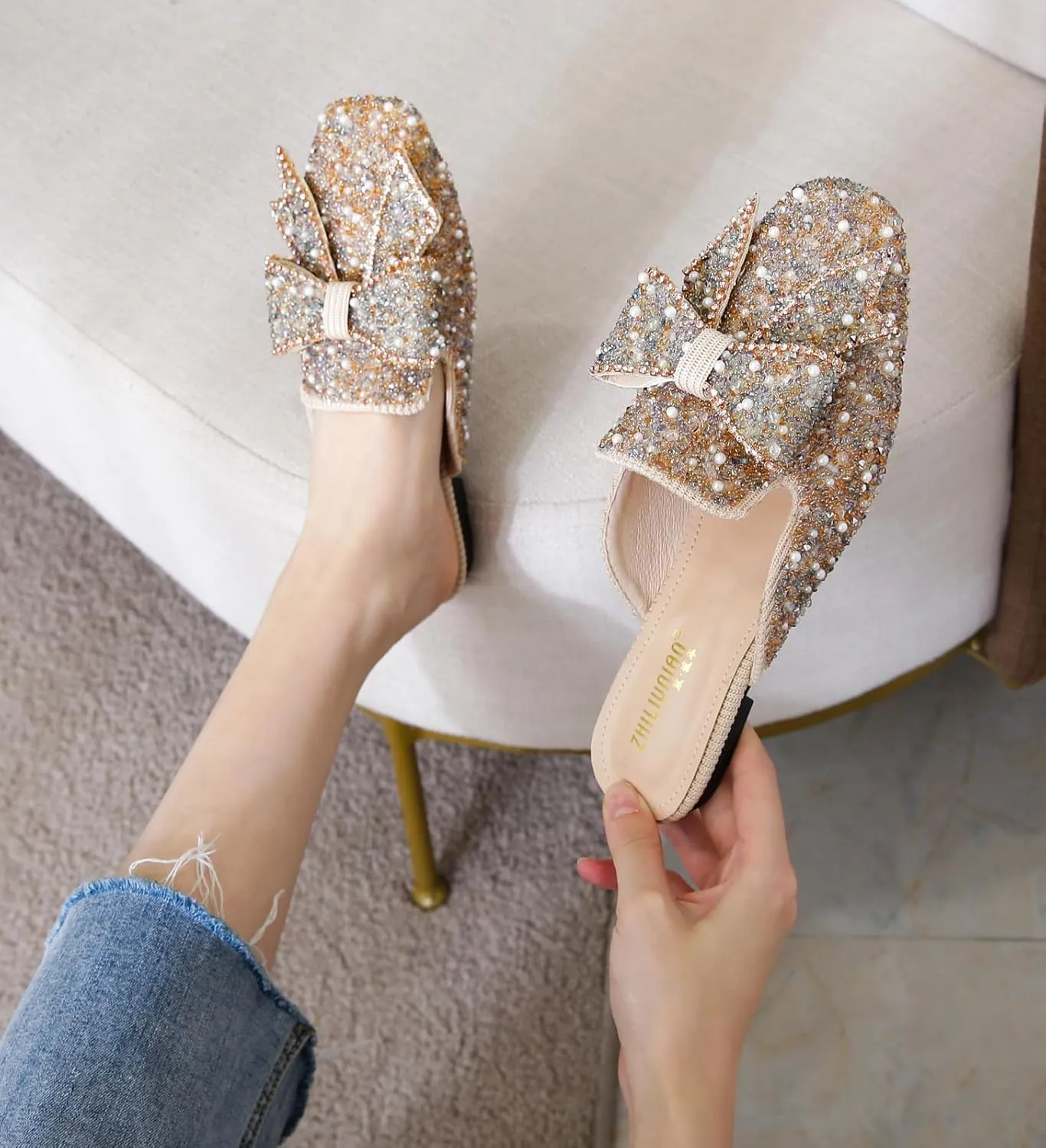 SANIOOOI Women's Pearl Rhinestone Bow Mules,Glitter Square Toe Slip on Flat Ladies Sparkly Baotou Clogs Slippers