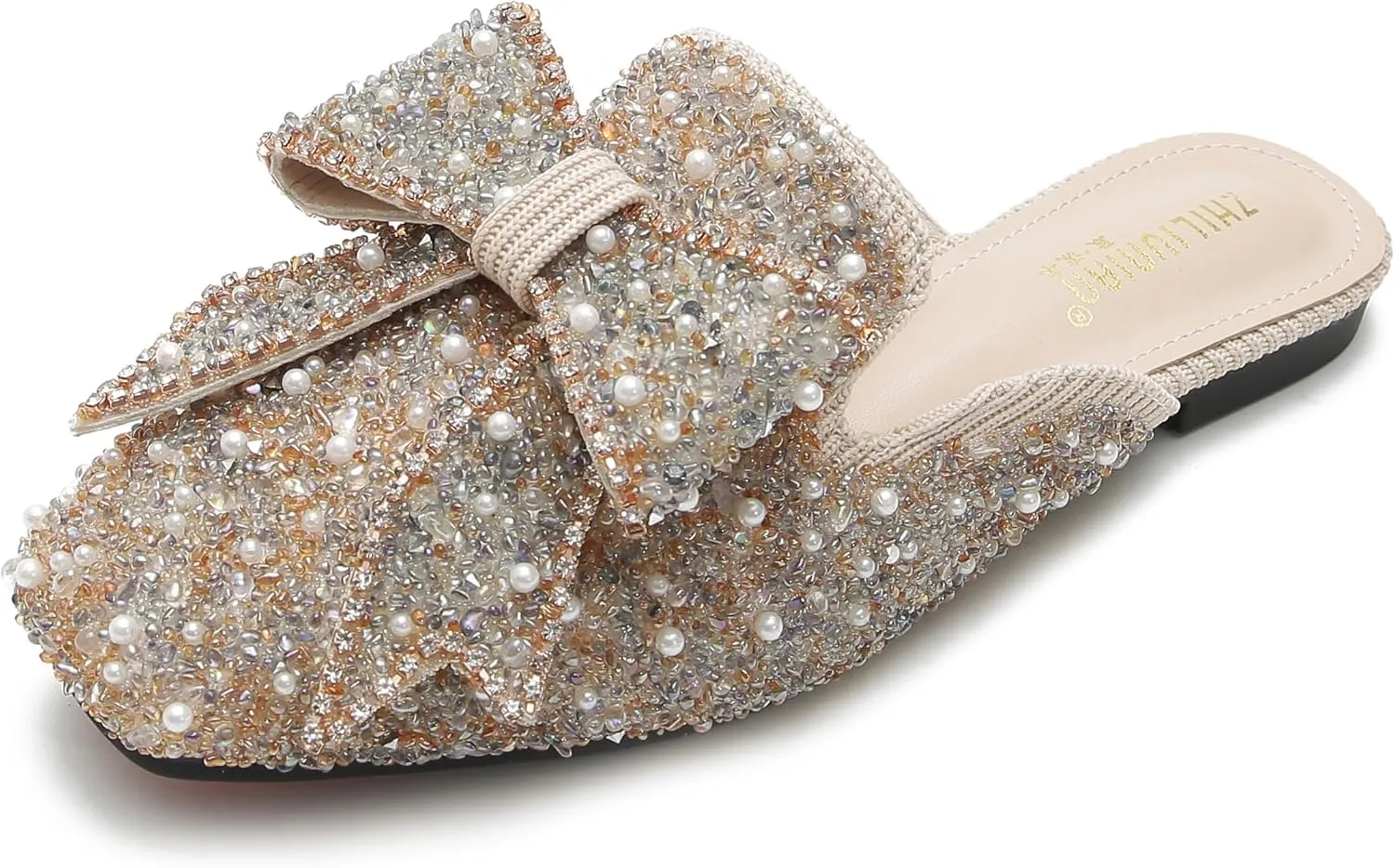 SANIOOOI Women's Pearl Rhinestone Bow Mules,Glitter Square Toe Slip on Flat Ladies Sparkly Baotou Clogs Slippers
