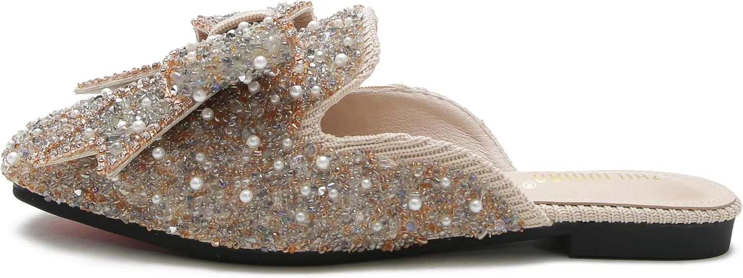 SANIOOOI Women's Pearl Rhinestone Bow Mules,Glitter Square Toe Slip on Flat Ladies Sparkly Baotou Clogs Slippers