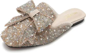 SANIOOOI Women's Pearl Rhinestone Bow Mules,Glitter Square Toe Slip on Flat Ladies Sparkly Baotou Clogs Slippers