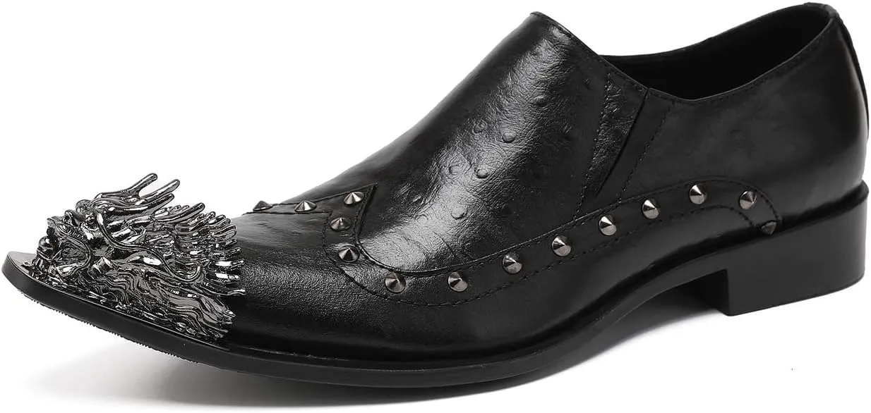 Santimon Mens Dress Loafers Zipper Casual Genuine Leather Rivet Decor Pointed Lion Head Wingtip Business Slip On Tuxedo Walking Shoes for Men