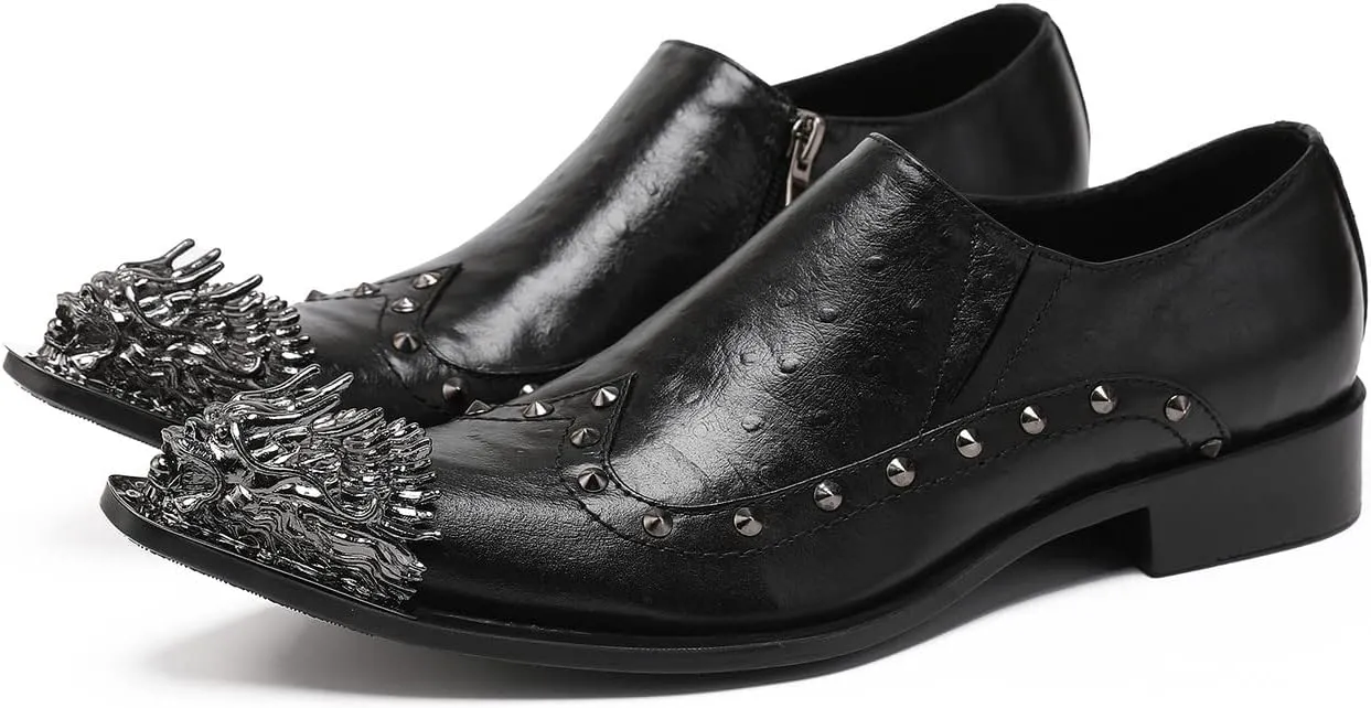 Santimon Mens Dress Loafers Zipper Casual Genuine Leather Rivet Decor Pointed Lion Head Wingtip Business Slip On Tuxedo Walking Shoes for Men