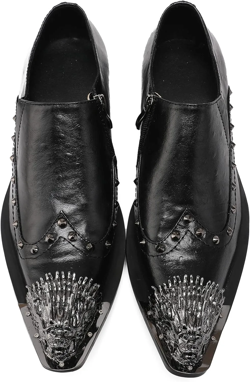 Santimon Mens Dress Loafers Zipper Casual Genuine Leather Rivet Decor Pointed Lion Head Wingtip Business Slip On Tuxedo Walking Shoes for Men