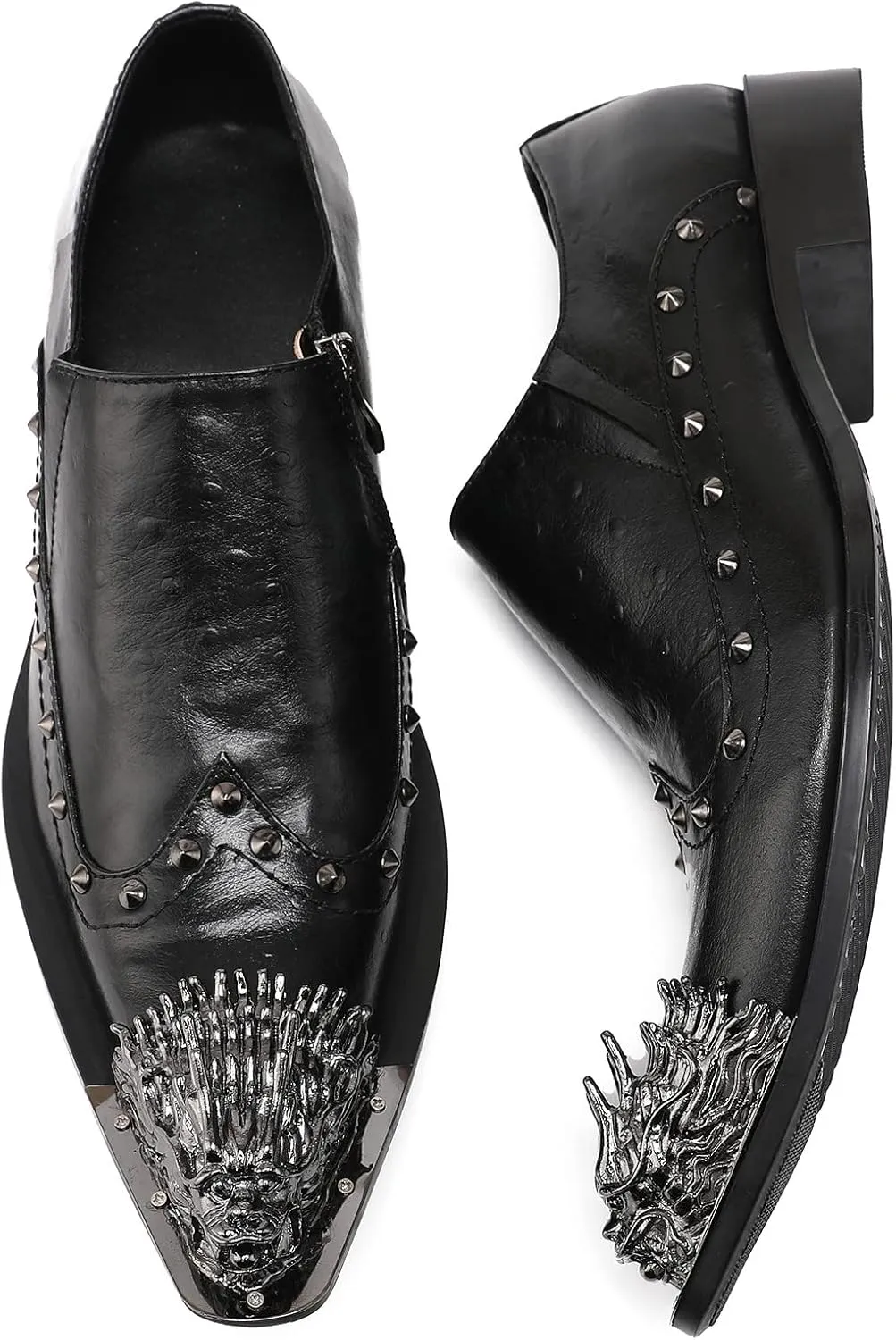 Santimon Mens Dress Loafers Zipper Casual Genuine Leather Rivet Decor Pointed Lion Head Wingtip Business Slip On Tuxedo Walking Shoes for Men