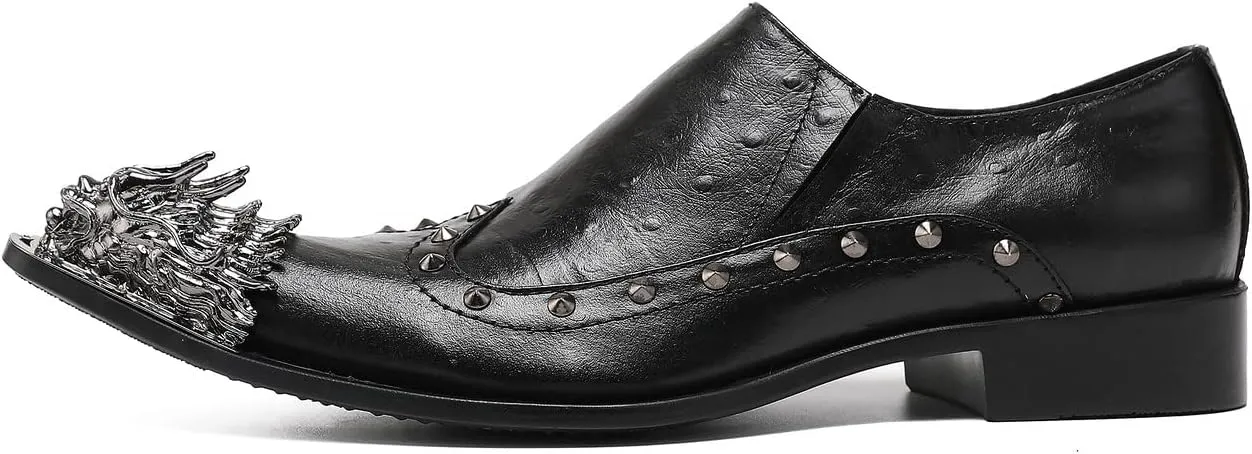 Santimon Mens Dress Loafers Zipper Casual Genuine Leather Rivet Decor Pointed Lion Head Wingtip Business Slip On Tuxedo Walking Shoes for Men
