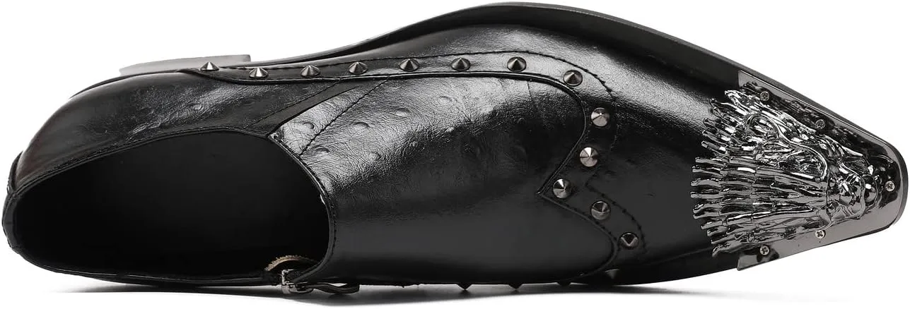 Santimon Mens Dress Loafers Zipper Casual Genuine Leather Rivet Decor Pointed Lion Head Wingtip Business Slip On Tuxedo Walking Shoes for Men