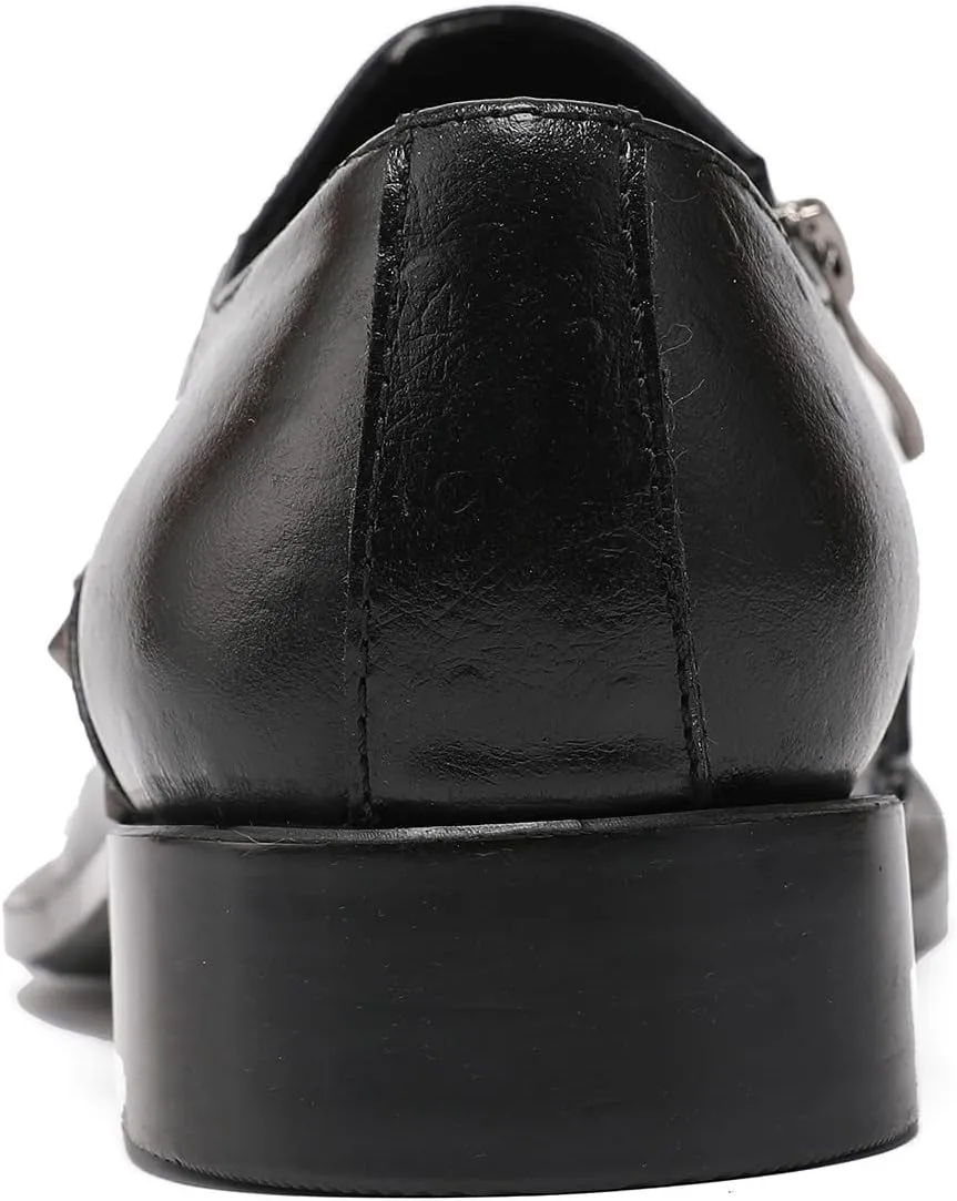 Santimon Mens Dress Loafers Zipper Casual Genuine Leather Rivet Decor Pointed Lion Head Wingtip Business Slip On Tuxedo Walking Shoes for Men