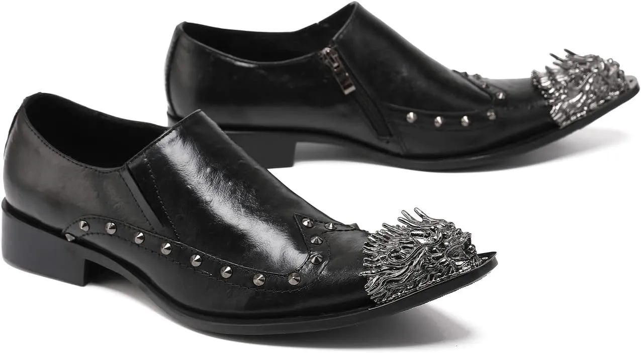 Santimon Mens Dress Loafers Zipper Casual Genuine Leather Rivet Decor Pointed Lion Head Wingtip Business Slip On Tuxedo Walking Shoes for Men