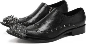 Santimon Mens Dress Loafers Zipper Casual Genuine Leather Rivet Decor Pointed Lion Head Wingtip Business Slip On Tuxedo Walking Shoes for Men