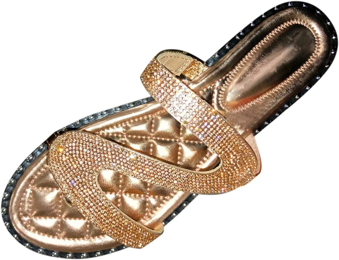 Shiny Rhinestone Flat Sandals for Women Open Toe Slip On Flip Flops Summer Outdoor Beach Travel Flats Party Club Shoes