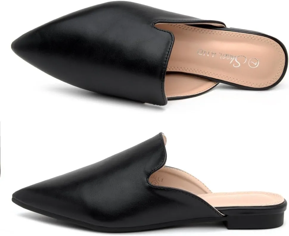 Shoe Land Cally Women's Mules, Pointed Toe Backless Loafer Shoes, Comfortable Flats, Slip-On Slides, Casual Flat Mule for Party, Office, Daily Wear, and Business