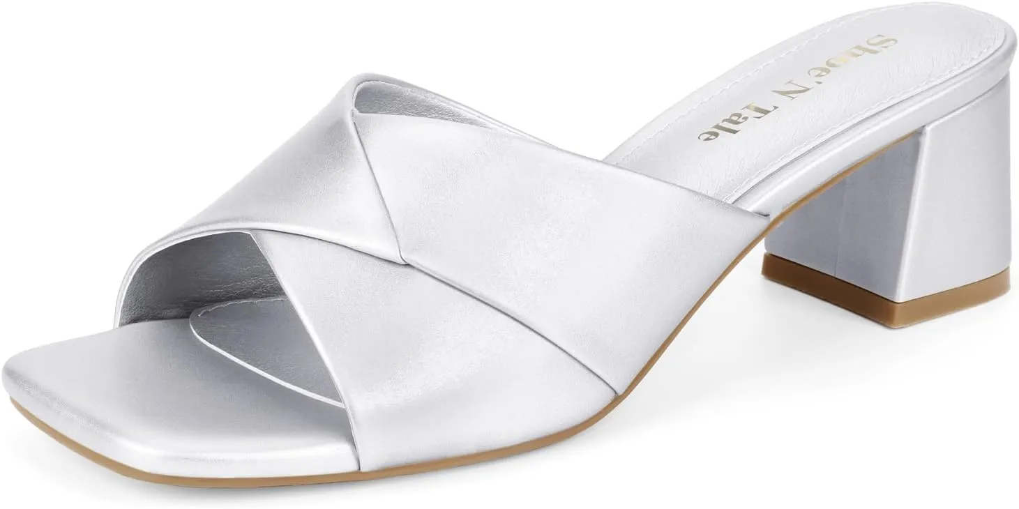 Shoe'N Tale Chunky Heels for Women Square Open Toe Low Block Heeled Sandals Comfortable Slip On Mules Dressy Shoes