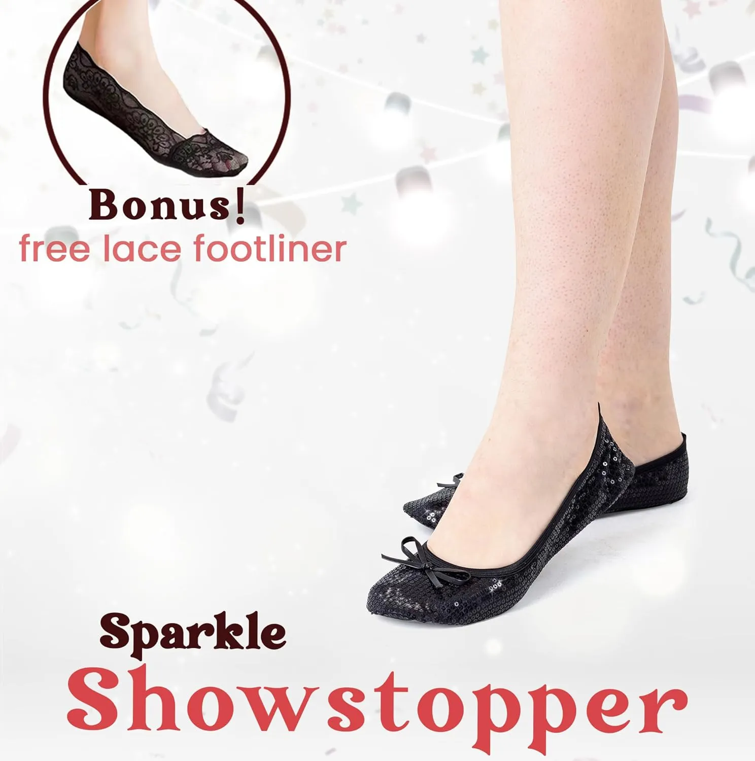 Silky Toes Women's Foldable Sequin Shoes Dressy Ballet Flats Roll Up Slipper Shoe with Matching Carrying Pouch