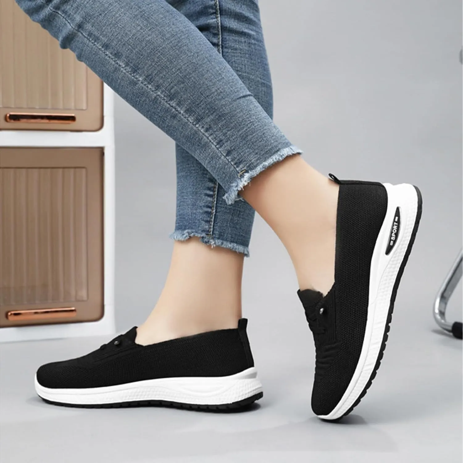 Slip On Orthopedic Sneakers Women Breathable Mesh Knitted Woven Low Top Walking Shoes Lightweight Wide Width Soft Sole Arch Support Non-Slip Shoes