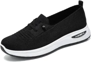 Slip On Orthopedic Sneakers Women Breathable Mesh Knitted Woven Low Top Walking Shoes Lightweight Wide Width Soft Sole Arch Support Non-Slip Shoes