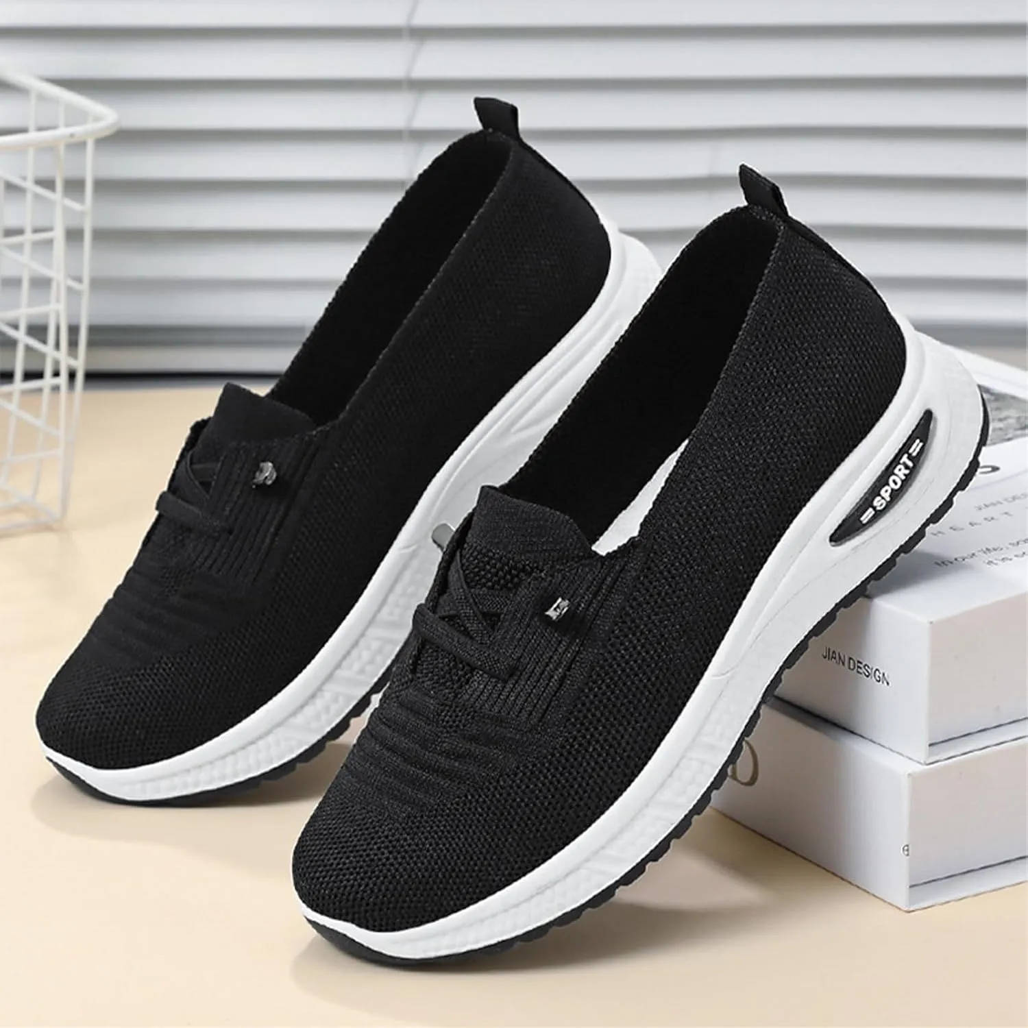 Slip On Orthopedic Sneakers Women Breathable Mesh Knitted Woven Low Top Walking Shoes Lightweight Wide Width Soft Sole Arch Support Non-Slip Shoes