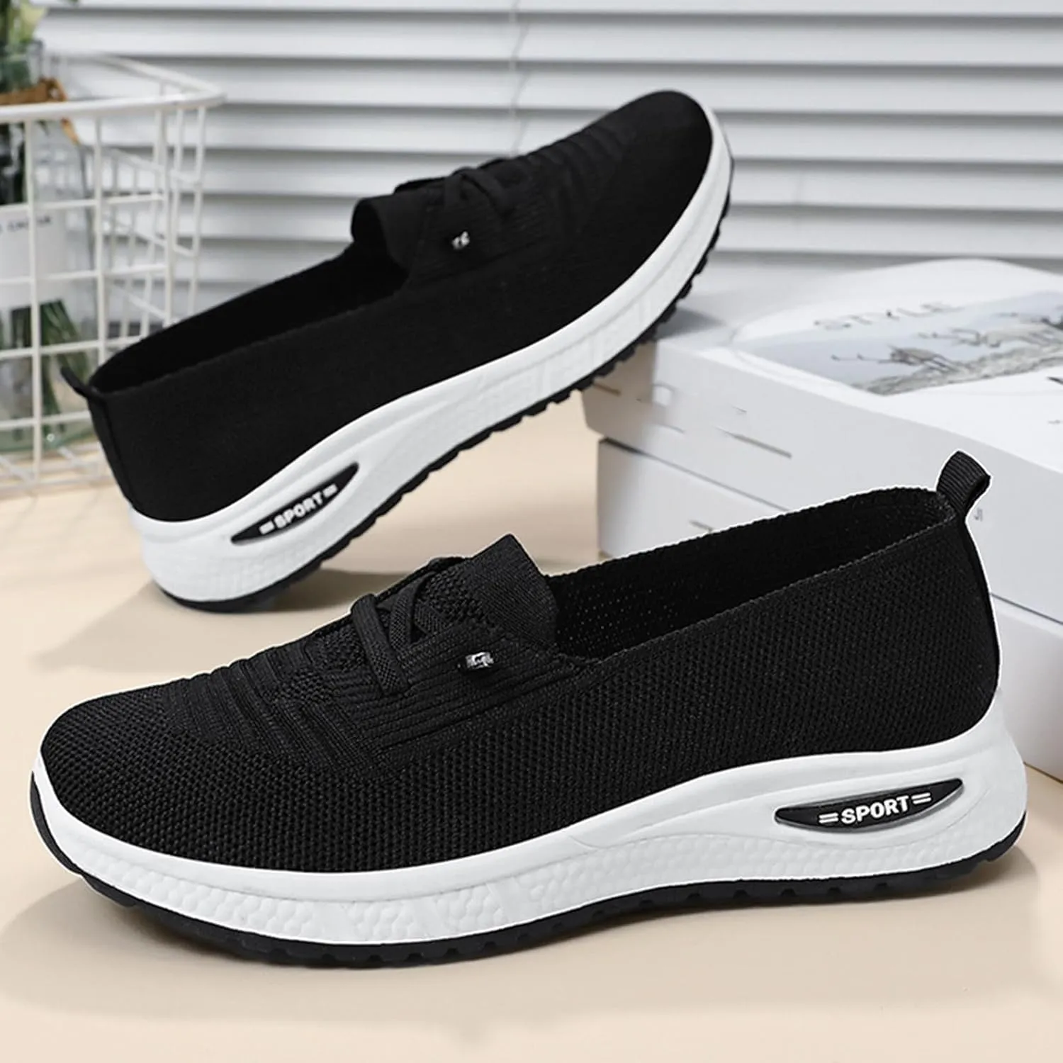 Slip On Orthopedic Sneakers Women Breathable Mesh Knitted Woven Low Top Walking Shoes Lightweight Wide Width Soft Sole Arch Support Non-Slip Shoes