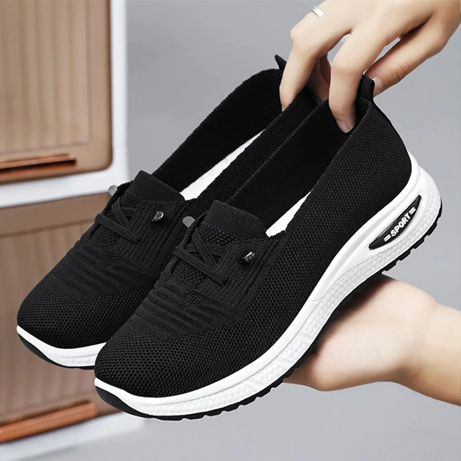 Slip On Orthopedic Sneakers Women Breathable Mesh Knitted Woven Low Top Walking Shoes Lightweight Wide Width Soft Sole Arch Support Non-Slip Shoes