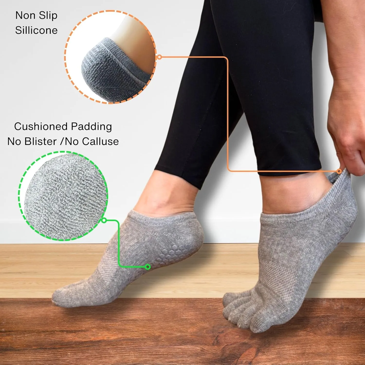 Soxsense Pilates Grip Toe Socks for Women & Men, Cushioned Low-Cut Five Finger Socks Non Slip for Yoga, Barre, Gym
