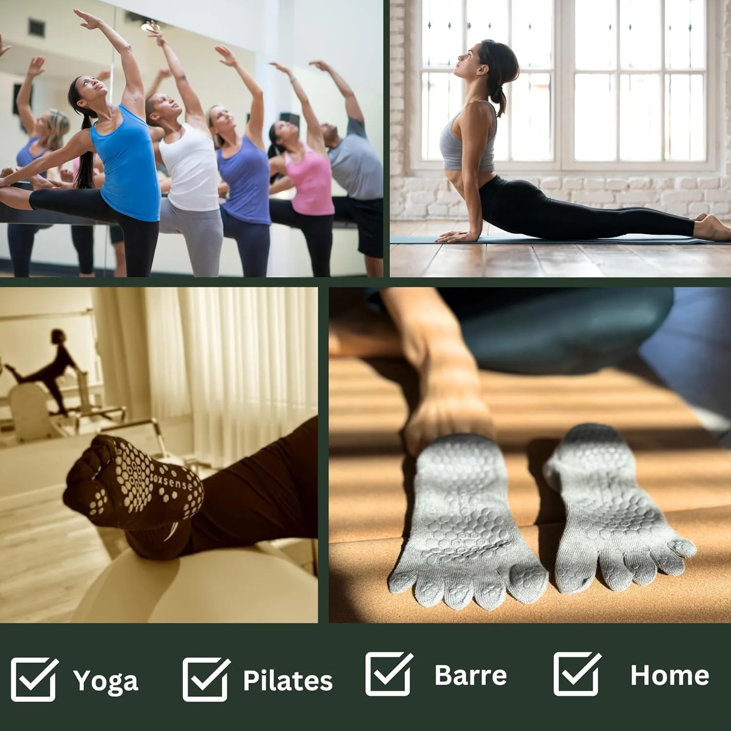 Soxsense Pilates Grip Toe Socks for Women & Men, Cushioned Low-Cut Five Finger Socks Non Slip for Yoga, Barre, Gym