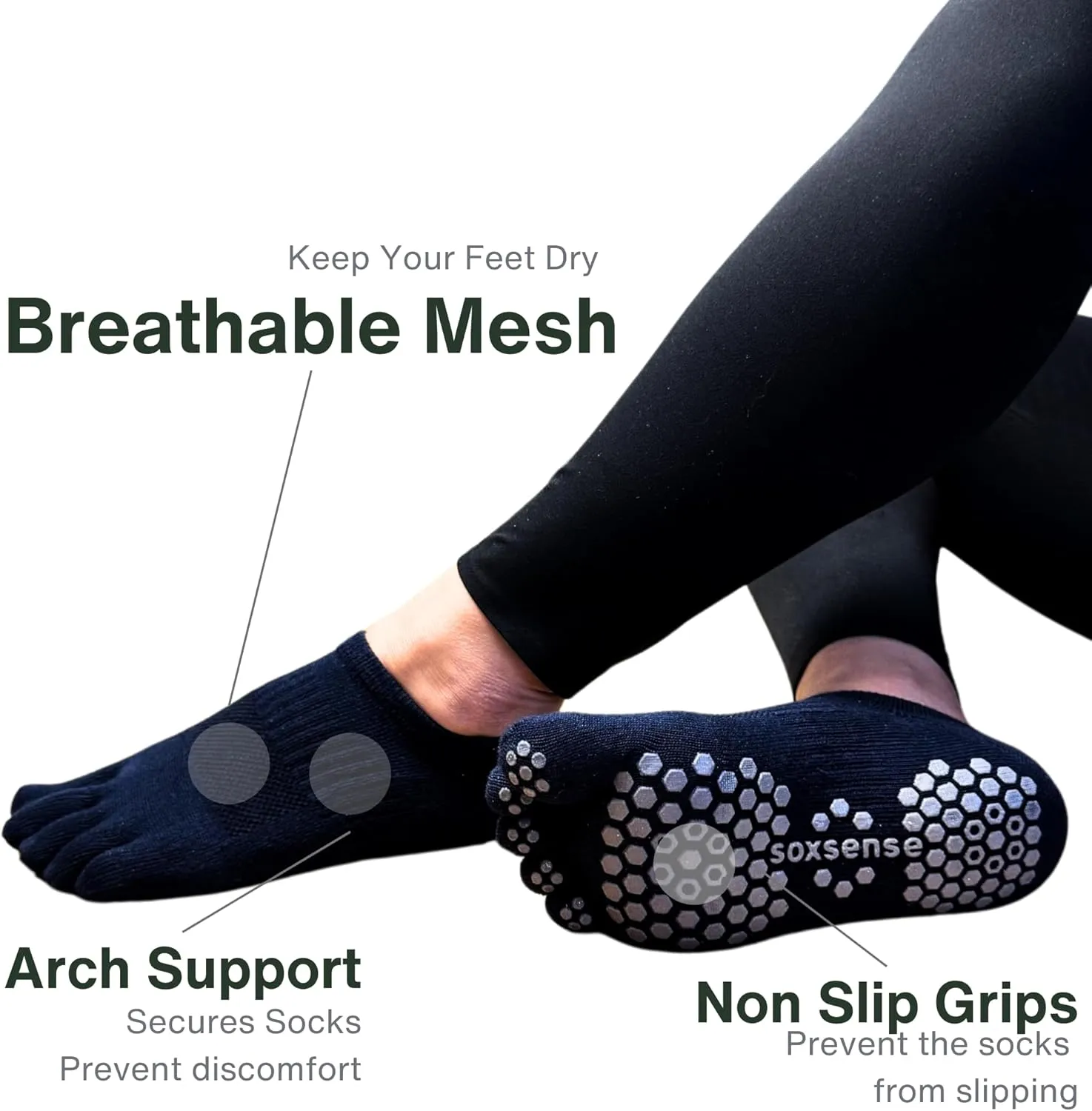 Soxsense Pilates Grip Toe Socks for Women & Men, Cushioned Low-Cut Five Finger Socks Non Slip for Yoga, Barre, Gym
