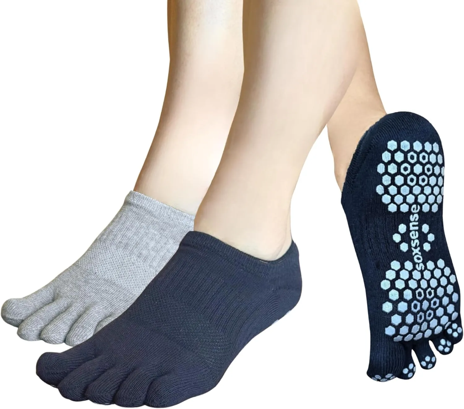 Soxsense Pilates Grip Toe Socks for Women & Men, Cushioned Low-Cut Five Finger Socks Non Slip for Yoga, Barre, Gym