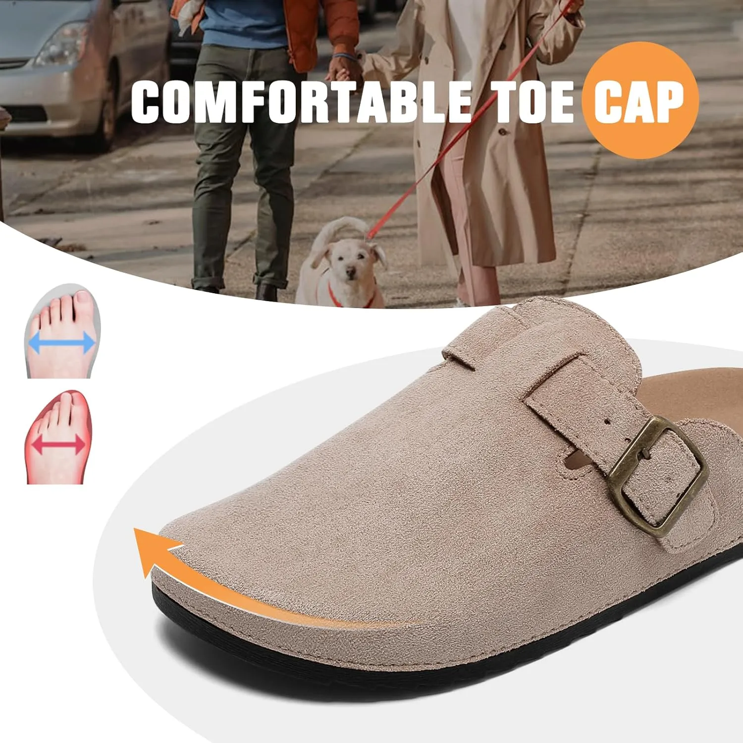 Suede Clogs Men & Women Unisex Leather Mules Soft Cork Footbed Adjustable Buckle Slip Sandals Potato Shoes with Arch Support