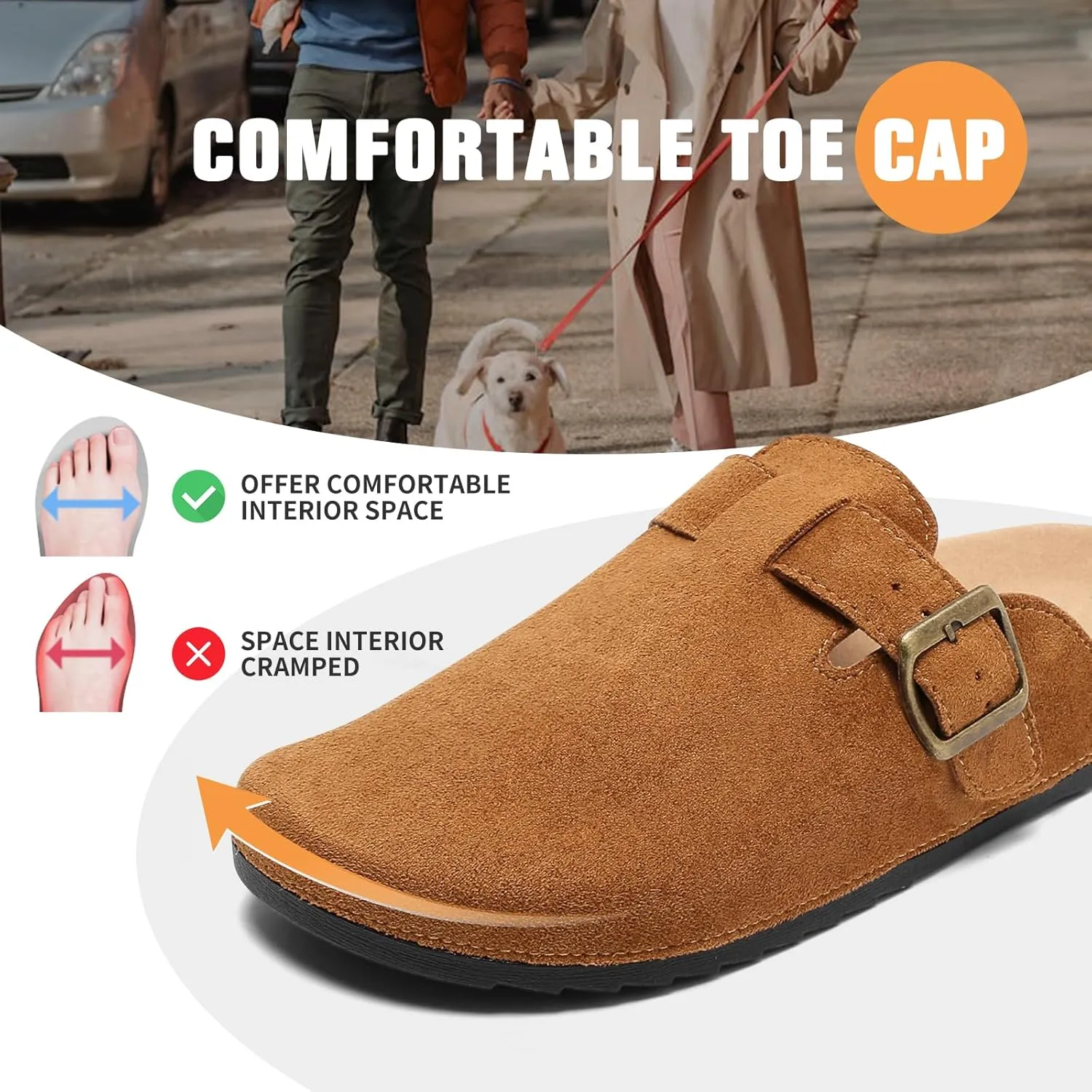 Suede Clogs Men & Women Unisex Leather Mules Soft Cork Footbed Adjustable Buckle Slip Sandals Potato Shoes with Arch Support