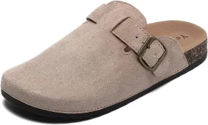 Suede Clogs Men & Women Unisex Leather Mules Soft Cork Footbed Adjustable Buckle Slip Sandals Potato Shoes with Arch Support